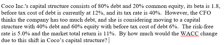 **Please show step-by-step solution in EXCEL Coco Inc.'s capital structure consists