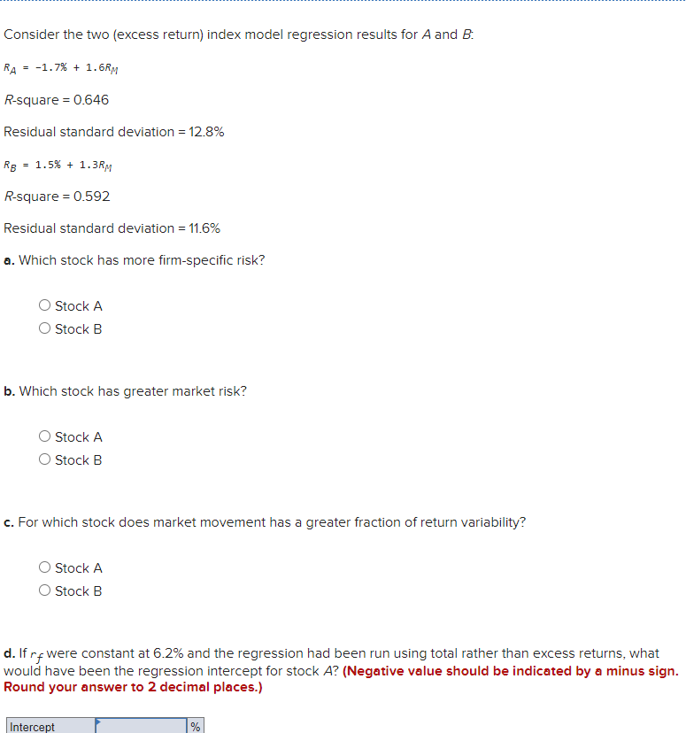 Consider the two (excess return) index model regression results for A