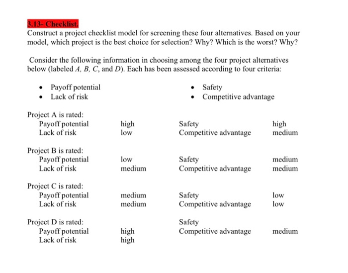  Safety in Project D is Medium 3.13- Checklist Construct a project