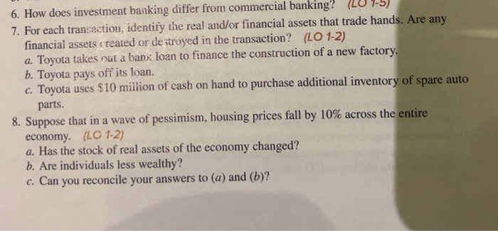  6. How does investment banking differ from commercial banking? 7. For