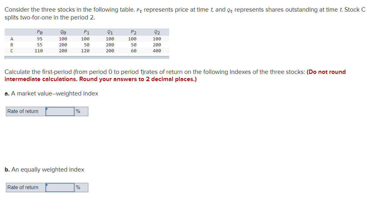  Consider the three stocks in the following table. Pt represents price