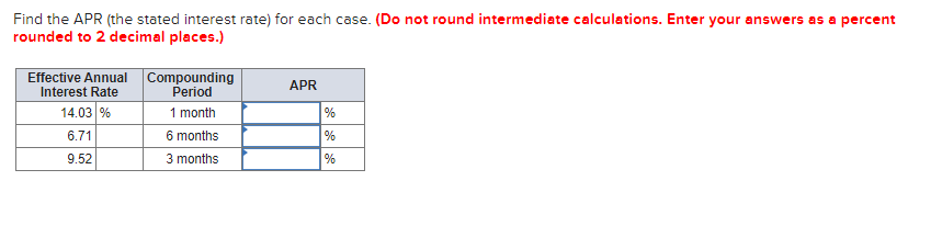  Find the APR (the stated interest rate) for each case. (Do