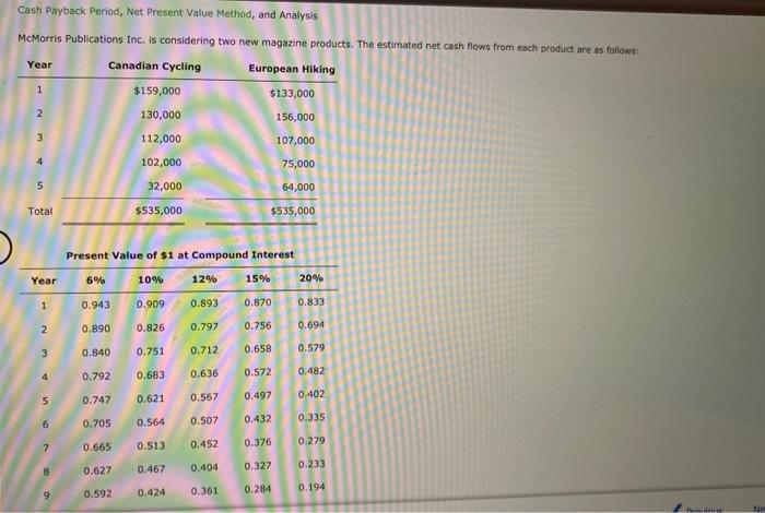  Year Cash Payback Period, Net Present Value Method, and Analysis McMorris