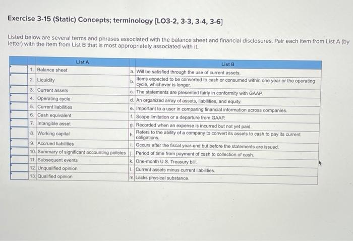  Exercise 3-15 (Static) Concepts; terminology (L03-2, 3-3, 3-4, 3-6) Listed below