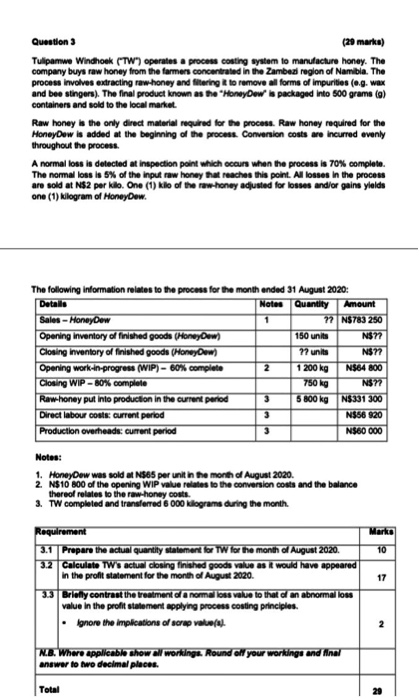  Question 3 (20 marks) Tulipamwe Windhoek (TW) operates a process conting