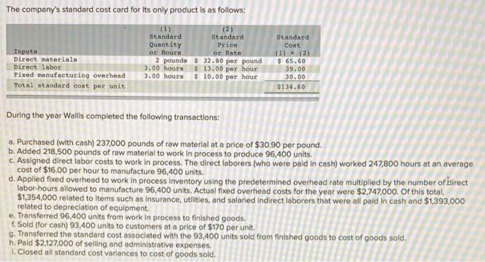 Preparation (LO10-1, LO10-2, LO10-4, LO10-5) Wallis Company manufactures only one product and