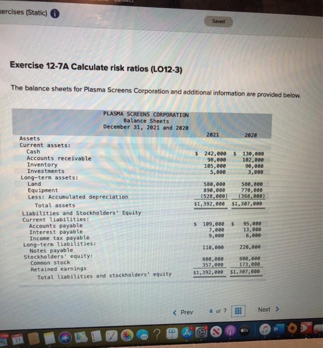 Exercise 12-7A Calculate risk ratios (LO12-3) Kercises (Static) Saved Exercise 12-7A Calculate