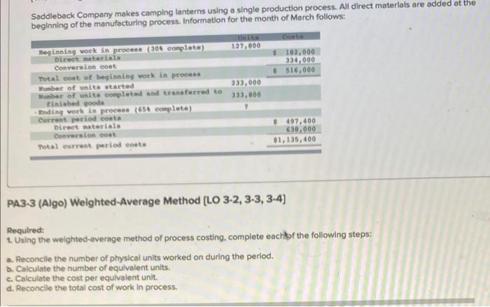  Saddleback Company makes camping lanterns using a single production process. All