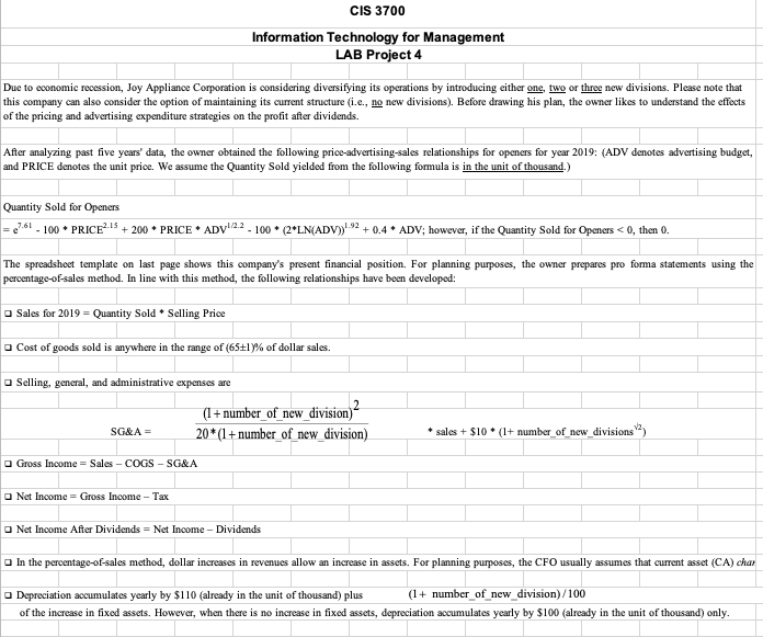 CIS 3700 Information Technology for Management LAB Project 4 Due to