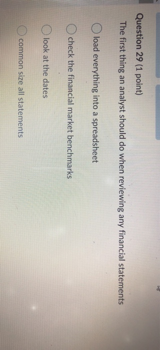  Question 29 (1 point) The first thing an analyst should do