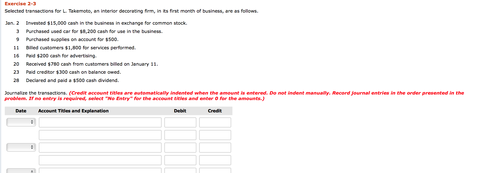  Exercise 2-3 Selected transactions for L. Takemoto, an interior decorating firm,