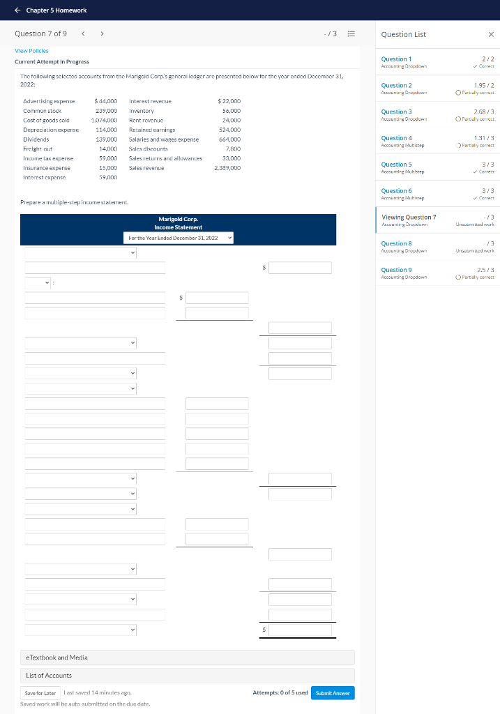 + Chapter 5 Homework Question 7 of 9 -13 Question List