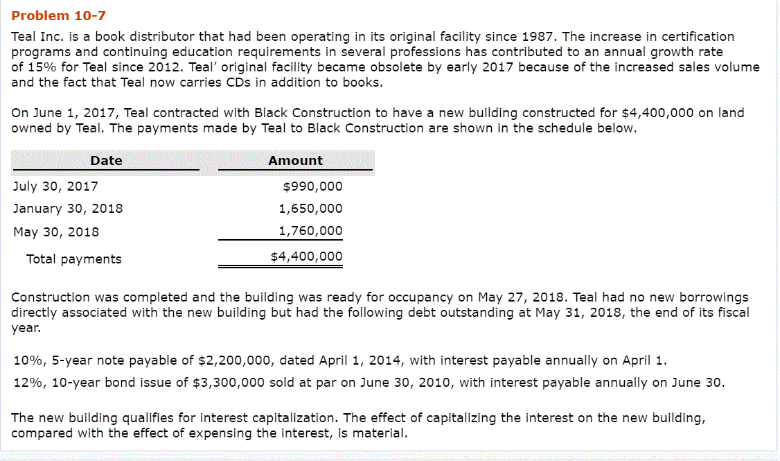  Problem 10-7 Teal Inc. is a book distributor that had been