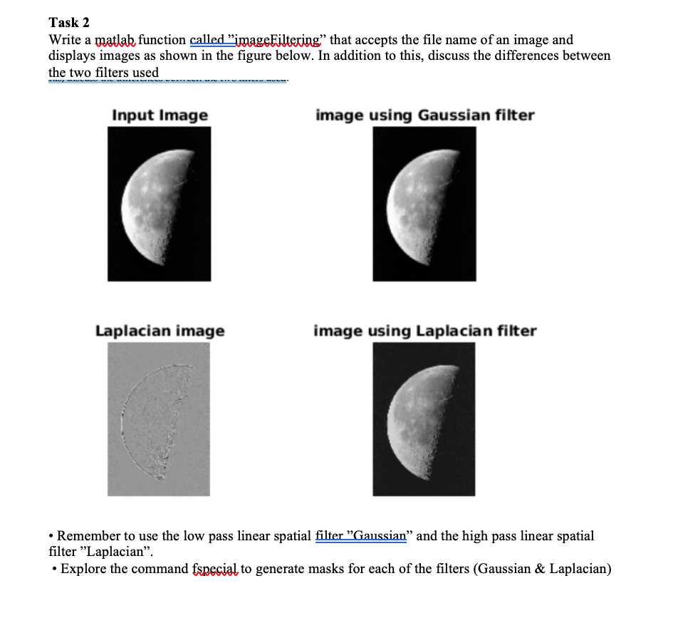 matlab Task 2 Write a matlab function called "imageFiltering that accepts the
