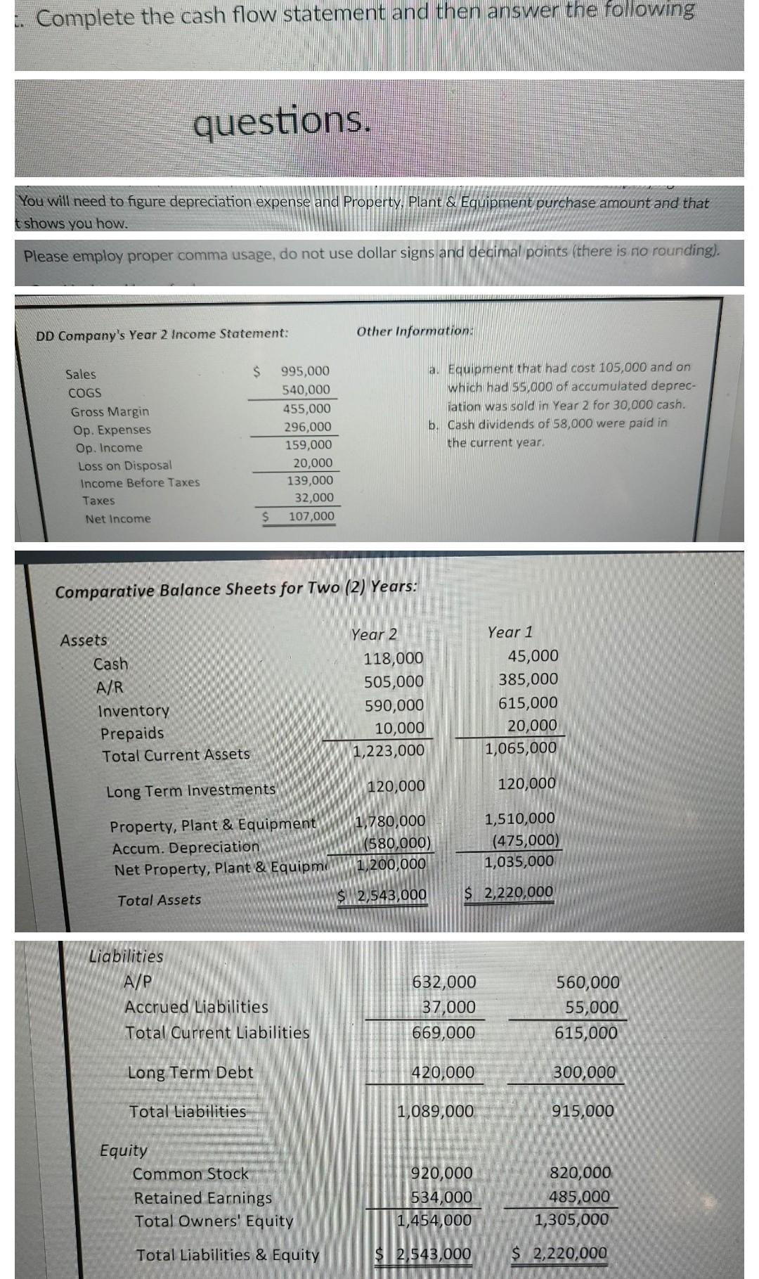  1. Complete the cash flow statement and then answer the following