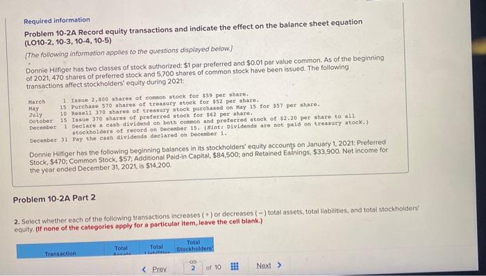 on the balance sheet equation (L010-2, 10-3, 10-4, 10-5) (The following information