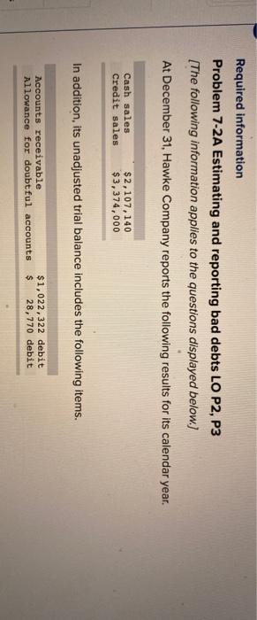  Required information Problem 7-2A Estimating and reporting bad debts LO P2,