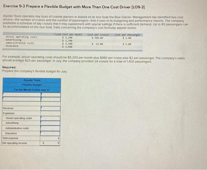  Exercise 9-3 Prepare a Flexible Budget with More Than One Cost