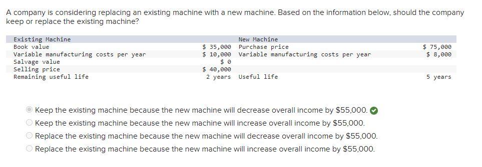  A company is considering replacing an existing machine with a new