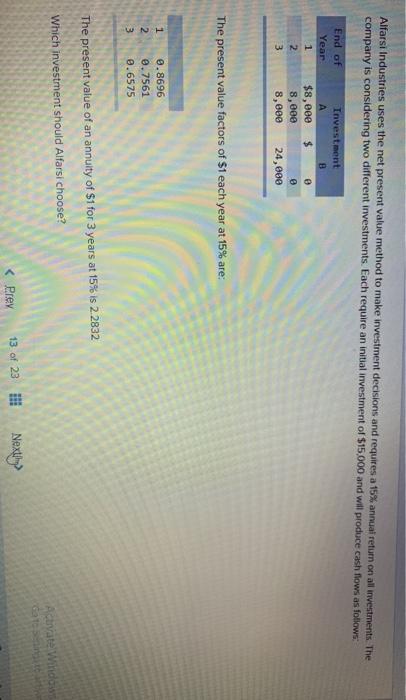  Alfarsi Industries uses the net present value method to make investment