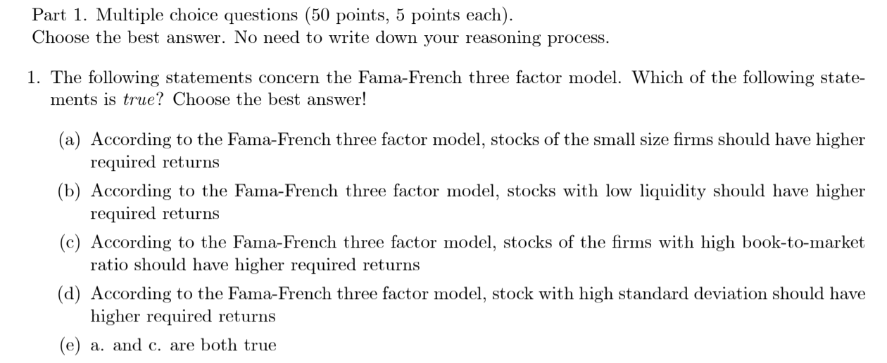  Part 1. Multiple choice questions (50 points, 5 points each). Choose