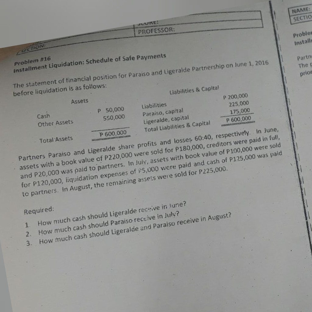 NAME: SECTIO JUNE: PROFESSOR: Probler Install: CTION Problem #16 installment Liquidation: