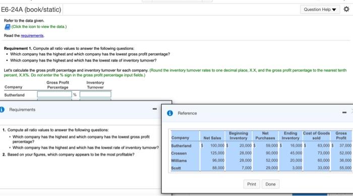  E6-24A (book/static) Question Help Refer to the data given (Click the
