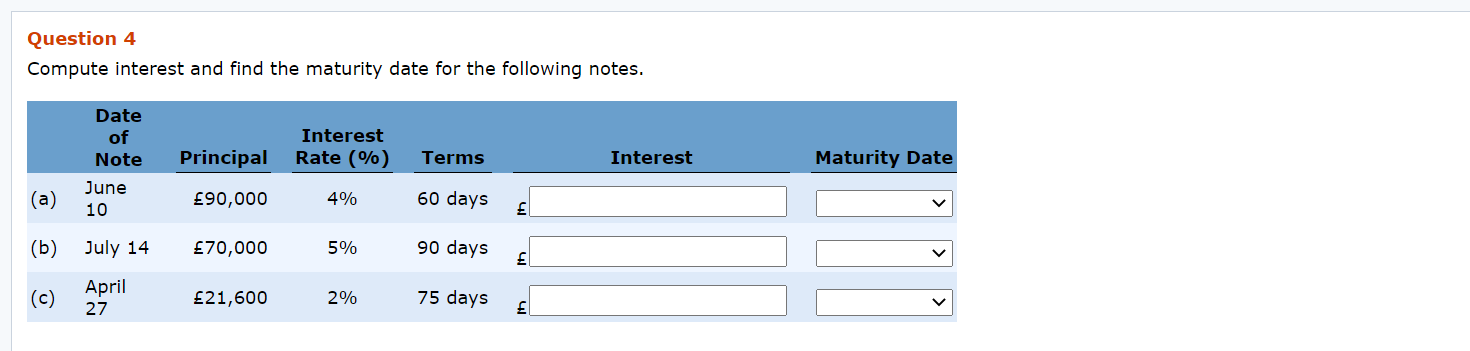 Question 4 Compute interest and find the maturity date for the