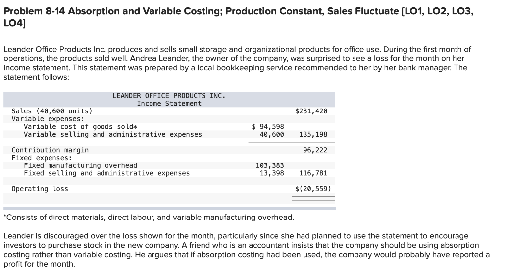 Problem 8-14 Absorption and Variable Costing; Production Constant, Sales Fluctuate [LO1,