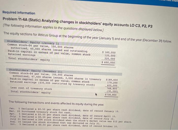  Required information Problem 11-4A (Static) Analyzing changes in stockholders' equity accounts