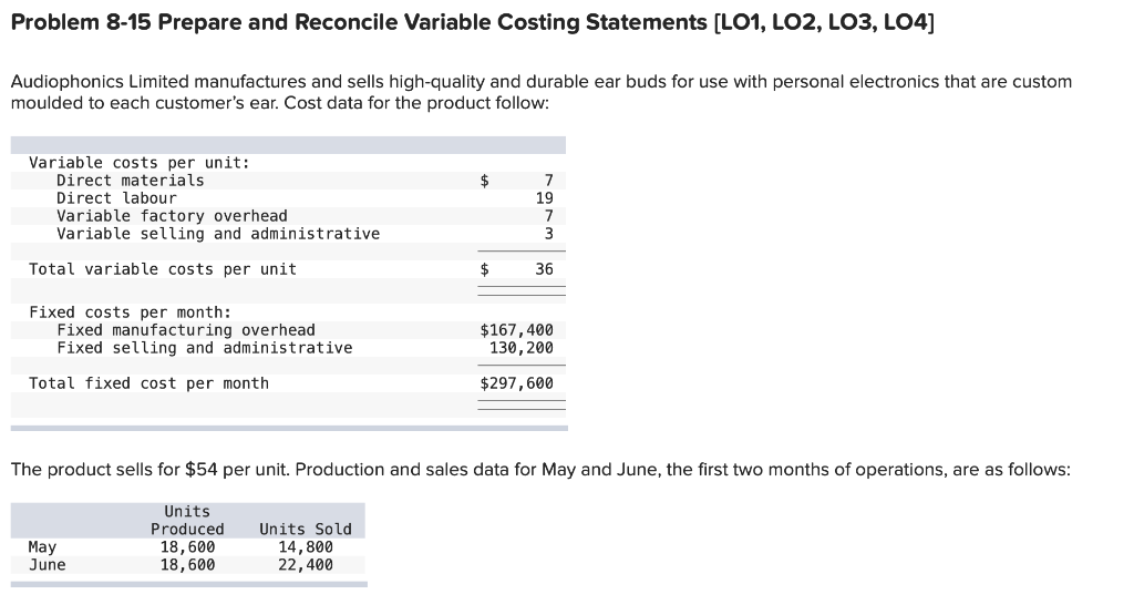  Problem 8-15 Prepare and Reconcile Variable Costing Statements [LO1, LO2, LO3,