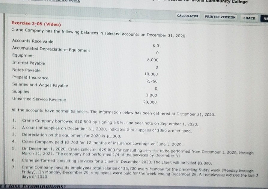  Ity College PRINTER VERSION CALCULATOR * BACK NE Exercise 3-05 (Video)