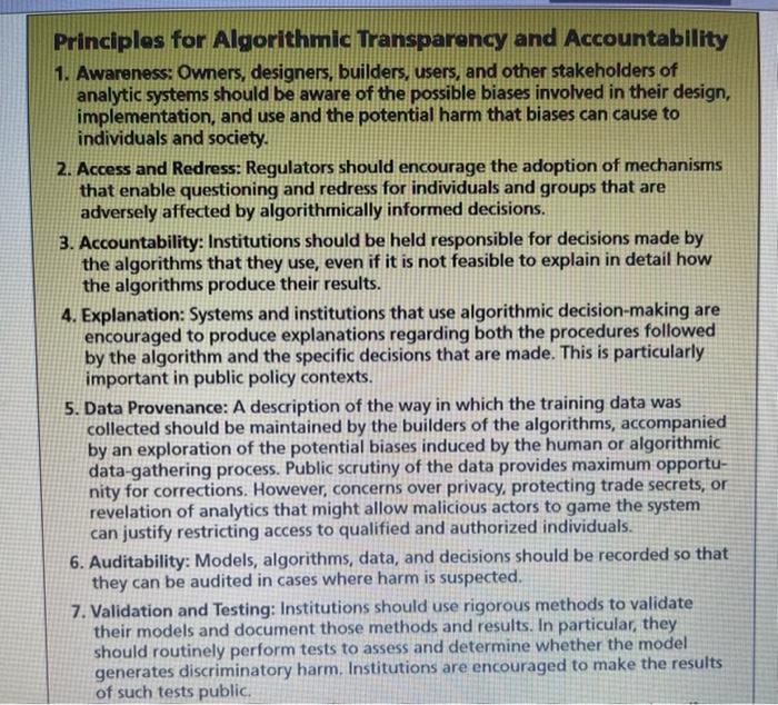  Principles for Algorithmic Transparency and Accountability 1. Awareness: Owners, designers, builders,