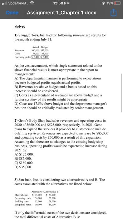  Vodafone AL 12:58 PM 19% Done Assignment 1_Chapter 1.docx Solve: 1)