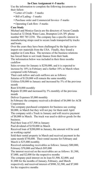  In-Class Assignment 4-5 marks Use the information to complete the following
