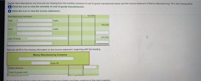 of cost of poods manufactured below and the income statement of Manny
