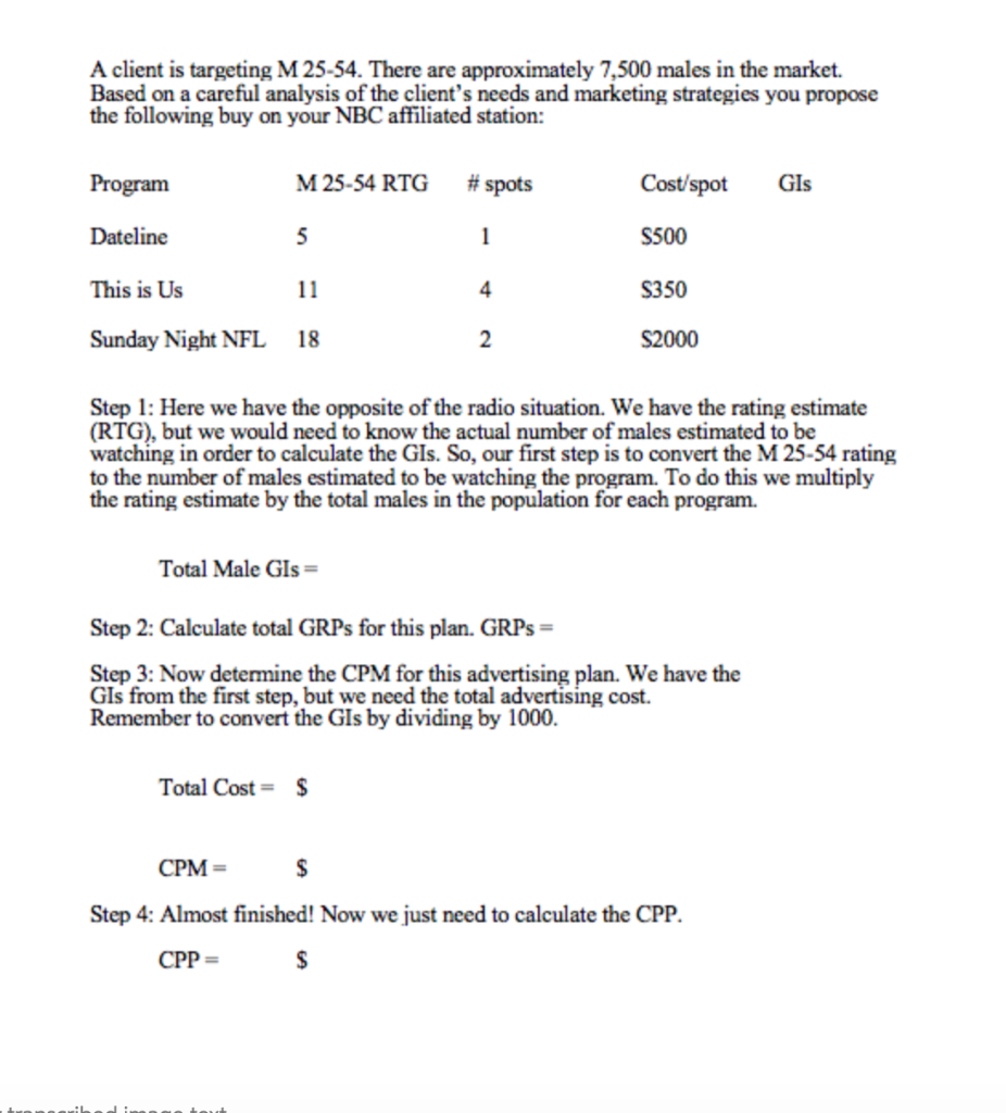 A client is targeting M 25-54. There are approximately 7,500 males