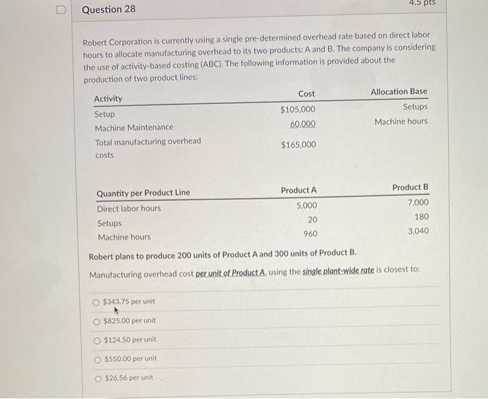  4.5 pts Question 28 Robert Corporation is currently using a single