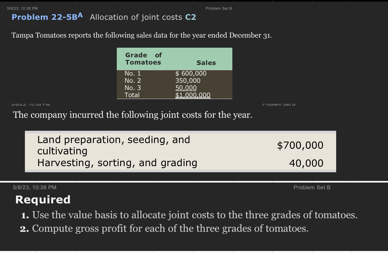  Problem 22-5BA Allocation of joint costs C2 Tampa Tomatoes reports the