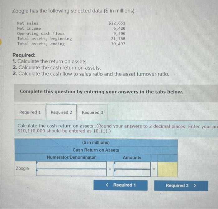 Calculate the return on assets. 2. Calculate the cash return on assets.