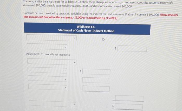  The comparative balance sheets for Wildhorse Co. show these changes in