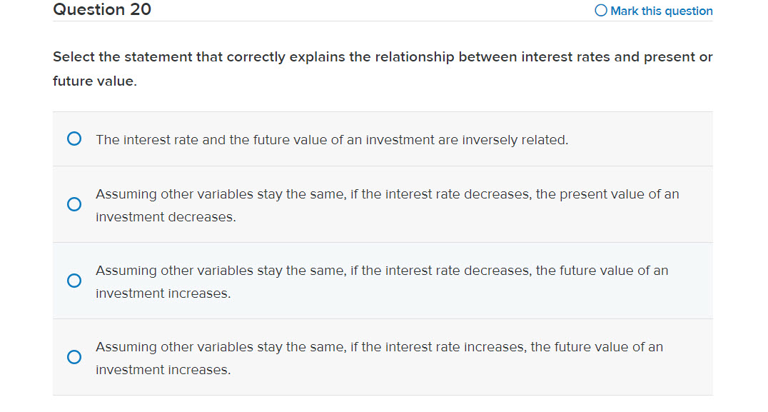 Question 20 O Mark this question Select the statement that correctly