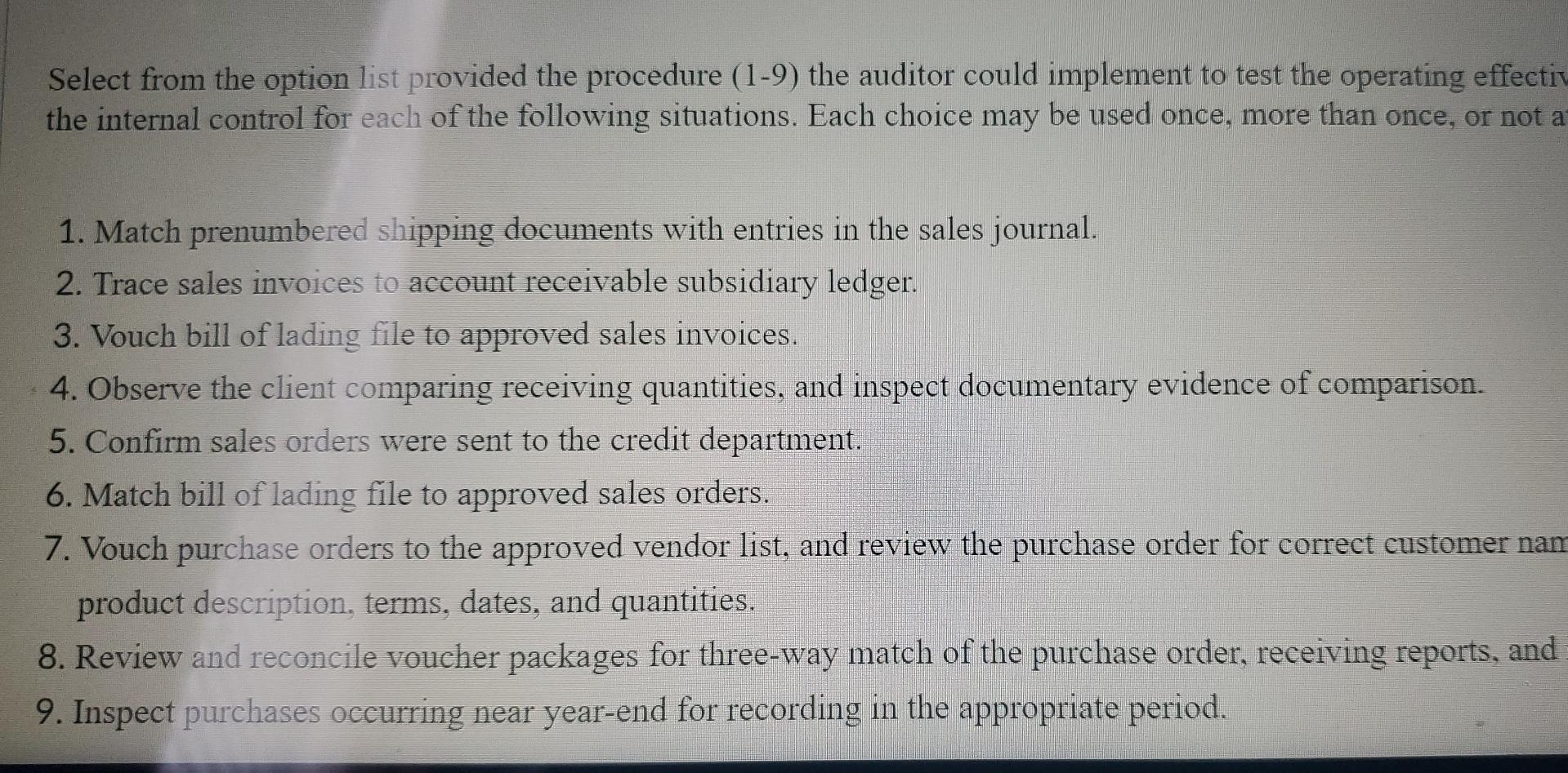 Select from the option list provided the procedure (1-9) the auditor could