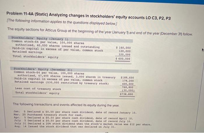  Problem 11-4A (Static) Analyzing changes in stockholders' equity accounts LO C3,