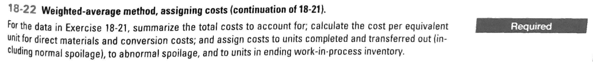WHAT QUESTION ASKING FOR. 18-21 Weighted-average method, spoilage, equivalent units. (CMA, adapted)