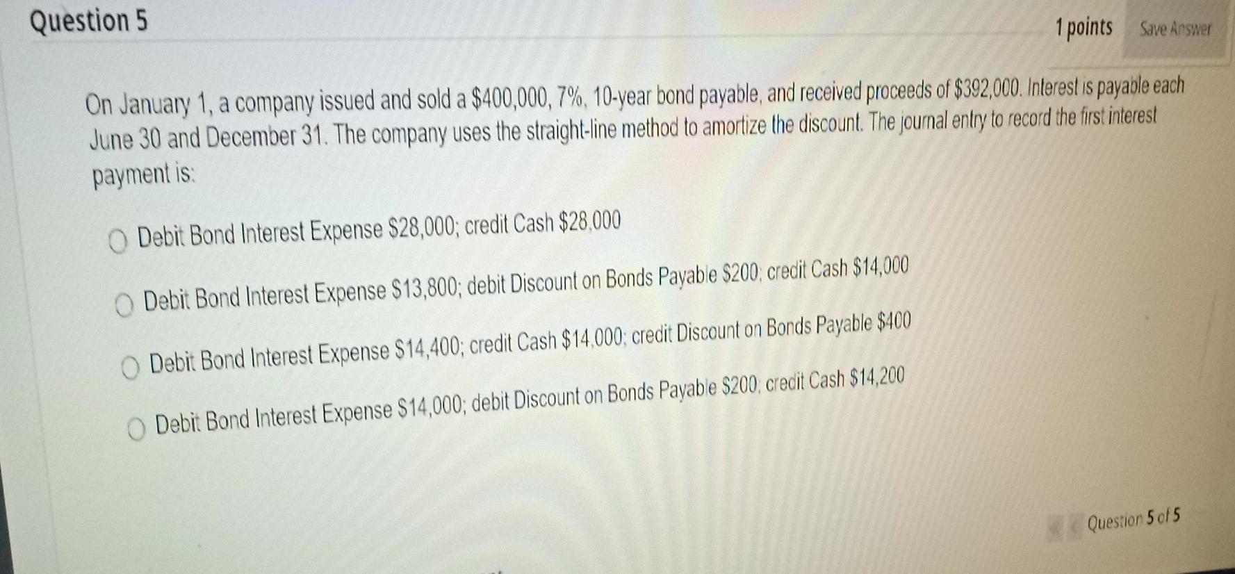 q5 Question 5 1 points Save Answer On January 1, a company