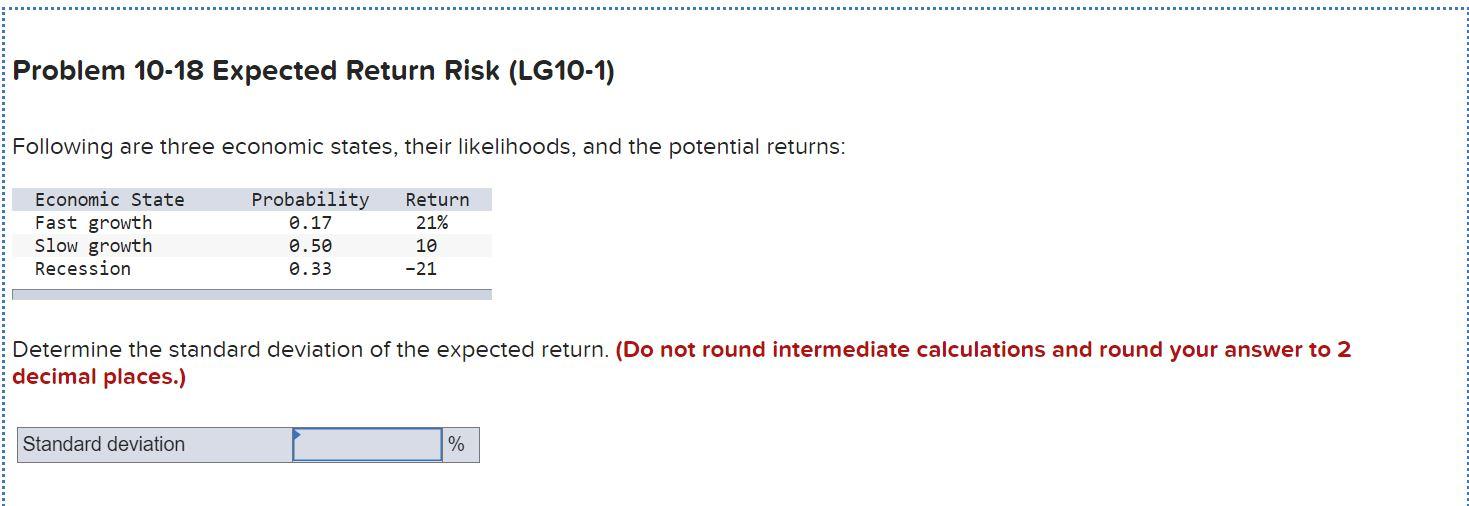 17.22% is not correct Problem 10-18 Expected Return Risk (LG10-1) Following are