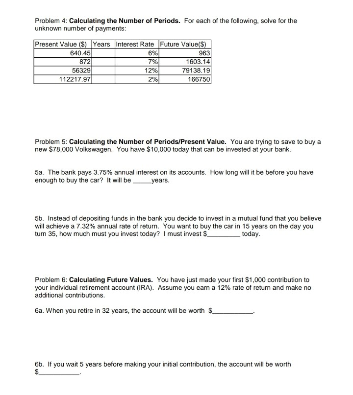 the following, compute the future value: Present Value ($) Years Interest Rate