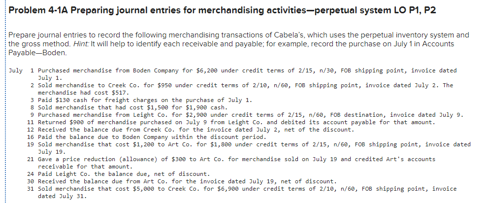 Problem 4-1A Preparing journal entries for merchandising activities-perpetual system LO P1,