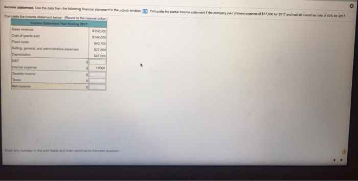  Income statement. Use the data from the following fancial statement in